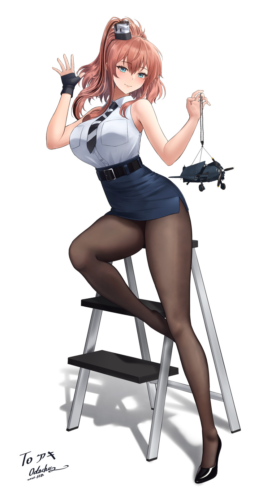 1girl, absurdres, aqua_eyes, black_gloves, black_pantyhose, blue_skirt, breasts, brown_hair