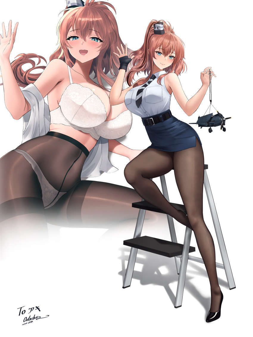 1girl, absurdres, aqua_eyes, black_gloves, black_pantyhose, blue_skirt, bra, breasts, brown_hair, commentary_request, commission, cosplay, fingerless_gloves, gloves, hair_between_eyes, high_side_ponytail, highres, hornet_(kancolle), hornet_(kancolle)_(cosplay), jewelry, kantai_collection, large_breasts, long_hair, miniskirt, odachu, panties, panties_under_pantyhose, pantyhose, pencil_skirt, pixiv_commission, ponytail, ring, saratoga_(kancolle), shirt, side_ponytail, sidelocks, single_glove, skirt, sleeveless, sleeveless_shirt, smile, smokestack_hair_ornament, thighband_pantyhose, underwear, wedding_ring, white_bra, white_panties, white_shirt