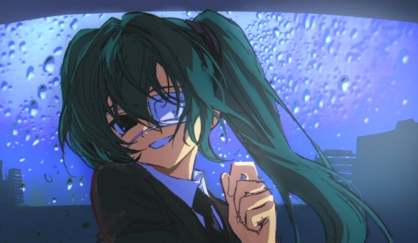 1girl, black_eyes, black_jacket, black_necktie, blue_hair, building, collared_shirt, condensation
