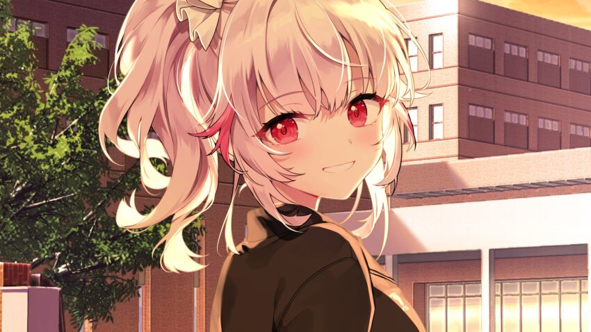 1girl, amoria_(vtuber), black_jacket, building, commission, dabi_(15dldl15), hair_ribbon, highres, jacket, looking_to_the_side, orange_sky, outdoors, pink_eyes, pink_hair, ponytail, ribbon, sky, smile, solo, sunset, tree, twintails, v&amp;u_entertainment, virtual_youtuber, white_ribbon