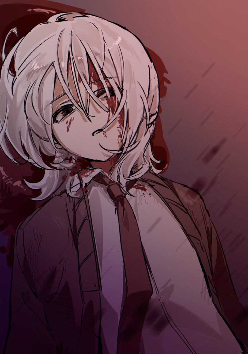 1boy, blank_stare, blood, blood_from_forehead, blood_in_hair, blood_on_clothes, brown_cardigan, cardigan, collared_shirt, corpse, dress_shirt, hashtag-only_commentary, looking_at_viewer, lying, male_focus, necktie, on_back, oo52_qlsn, parted_lips, pool_of_blood, red_necktie, saihate_eki, shirt, solo, tatsunami_shion, upper_body, white_hair, white_shirt