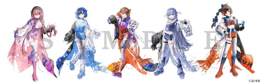 5girls, absurdres, amayui_moka, belt, belted_leg_warmers, black_hair, blue_eyes, blue_gloves