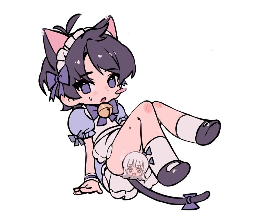 2boys, :o, akinashi_haru, animal_ears, april_fools_2025_cat_ear_maid_outfit_(saihate_eki), apron, arms_at_sides, bell, blue_bow, blue_bowtie, blue_dress, blue_eyes, blush_stickers, bow, bowtie, cat_boy, cat_ears, cat_tail, censored, character_censor, chibi, commentary_request, crossdressing, crossdressing_(mtf), dress, frilled_apron, frills, full_body, grey_shoes, hair_bow, jingle_bell, knees_up, korean_commentary, maid, maid_apron, maid_headdress, male_focus, male_maid, mary_janes, multiple_boys, neck_bell, no_panties, novelty_censor, oo52_qlsn, saihate_eki, shoes, short_dress, simple_background, single_blush_sticker, sitting, socks, solo_focus, tail, tail_bow, tail_ornament, tatsunami_shion, white_apron, white_background, white_socks