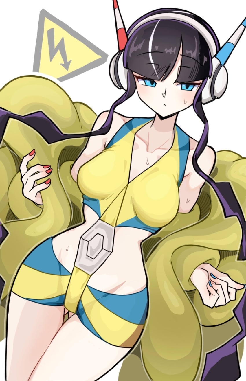 1girl, bare_shoulders, black_hair, blue_eyes, breasts, coat, commentary_request, elesa_(pokemon)