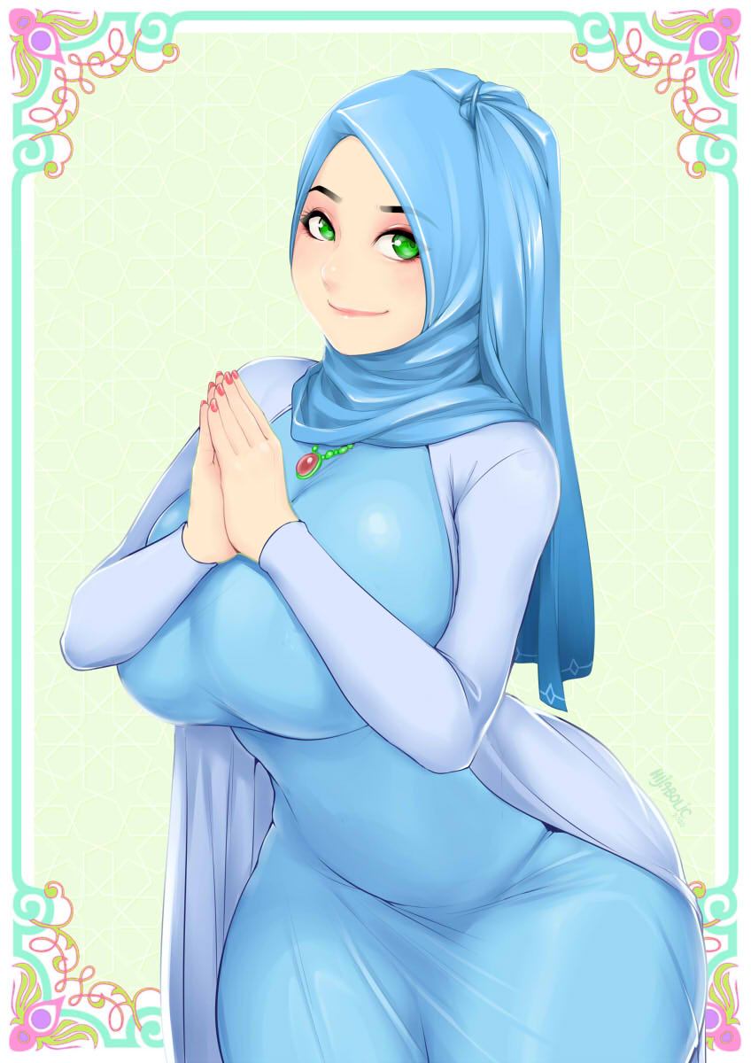 1girl, blue_dress, blue_hijab, breasts, dress, green_eyes, highres, hijab