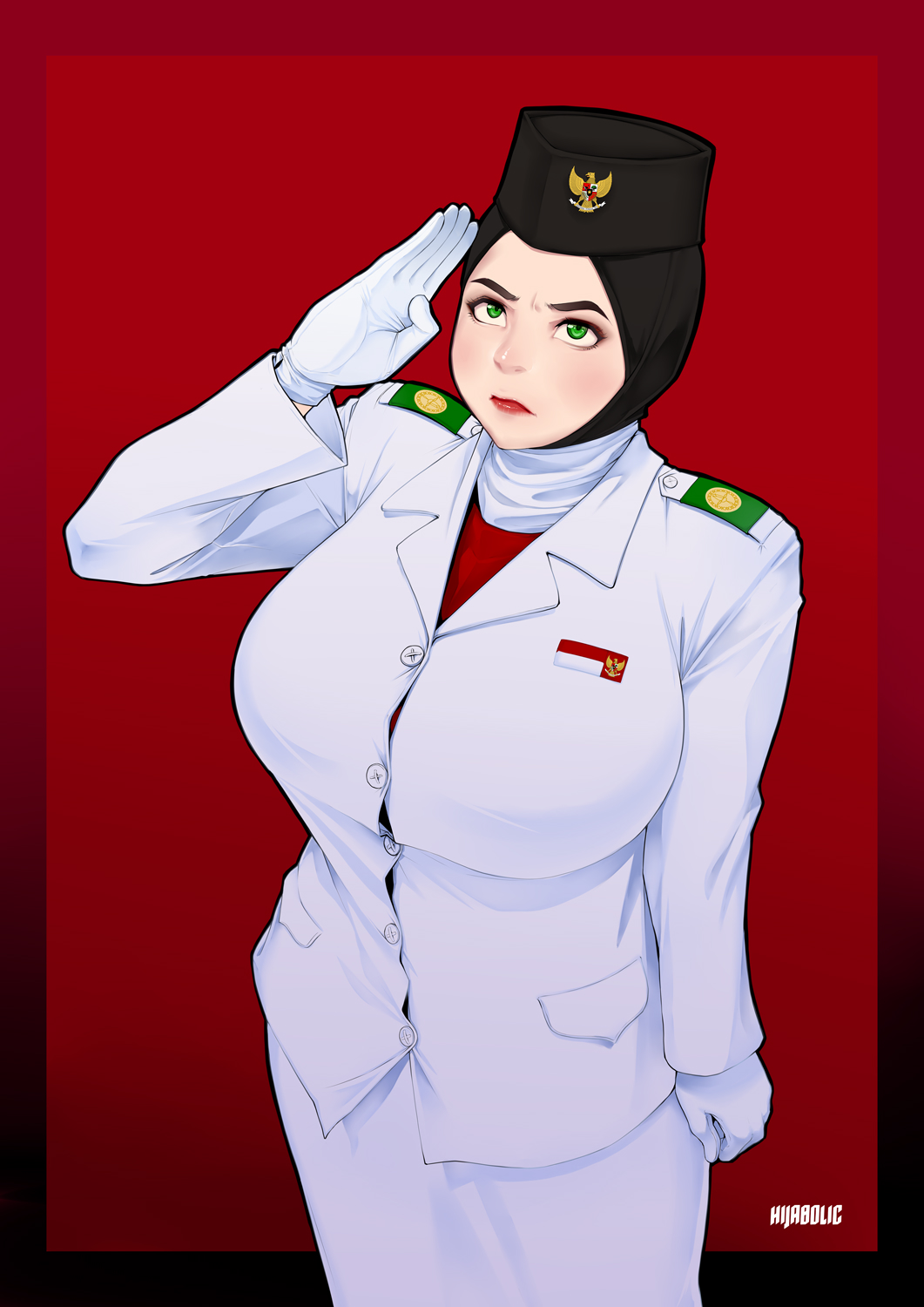 1girl, artist_name, black_hat, black_hijab, breasts, gloves, green_eyes, hat
