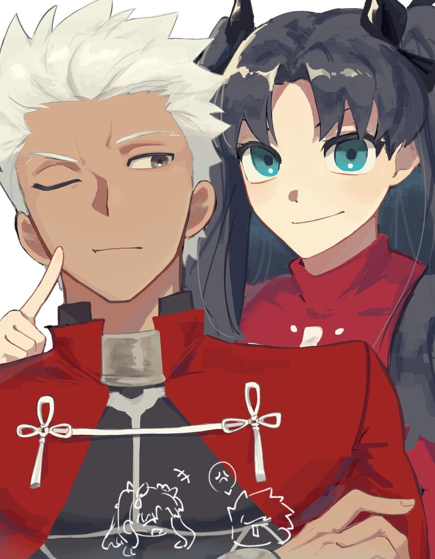 1boy, 1girl, archer_(fate), black_hair, blue_eyes, blush, cheek_poking, dark-skinned_male