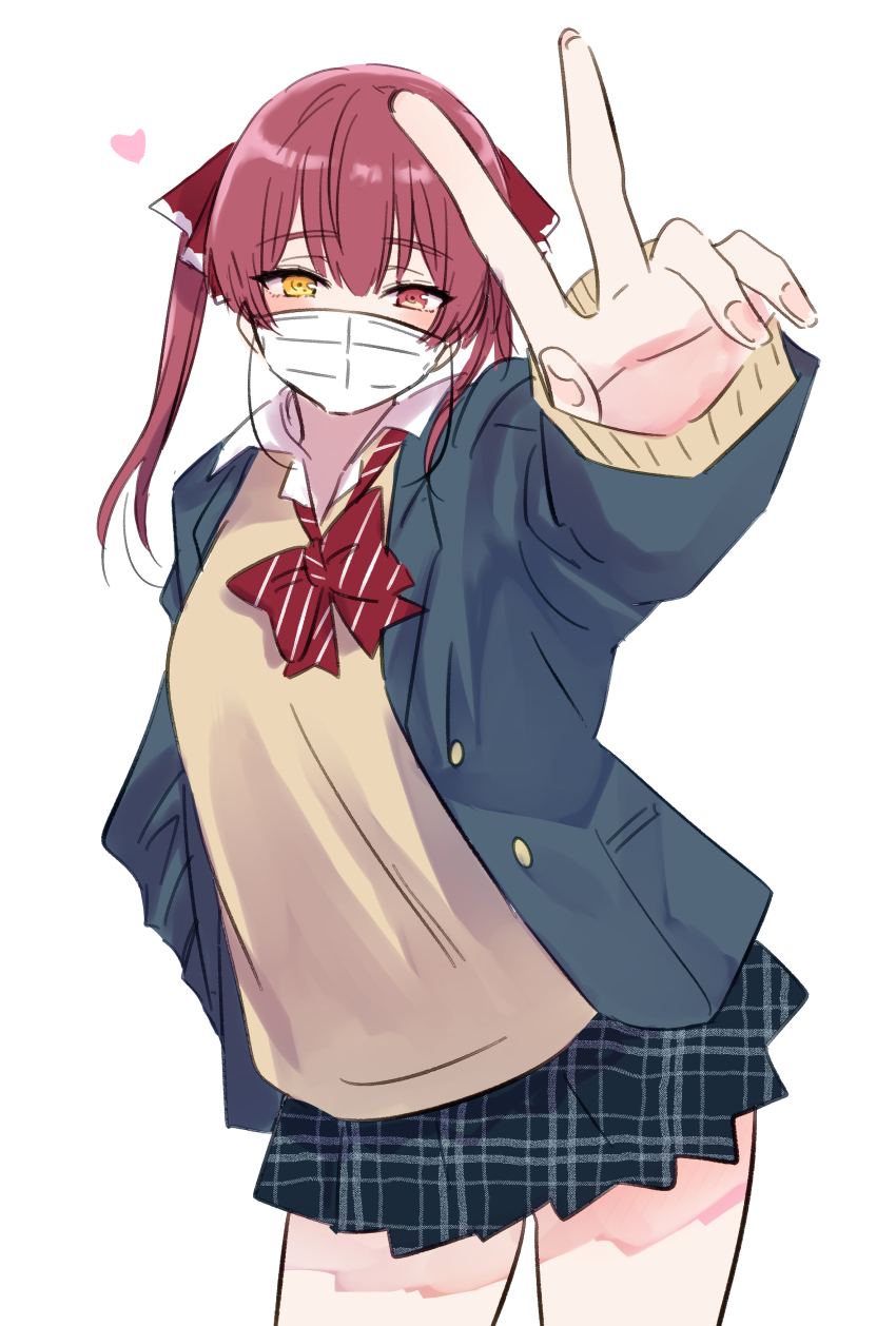 1girl, absurdres, alternate_costume, anko_udachi, black_skirt, blazer, blush, bow, bowtie, buttons, commentary_request, contrapposto, covered_mouth, cowboy_shot, diagonal-striped_bow, diagonal-striped_bowtie, diagonal-striped_clothes, fingernails, foreshortening, grey_jacket, hair_ribbon, hand_in_pocket, heart, heterochromia, highres, hololive, houshou_marine, jacket, long_hair, long_sleeves, looking_at_viewer, loose_bowtie, mask, miniskirt, mouth_mask, open_clothes, open_collar, open_jacket, outstretched_arm, plaid_clothes, plaid_skirt, pleated_skirt, pocket, red_bow, red_bowtie, red_eyes, red_hair, red_ribbon, ribbon, school_uniform, simple_background, skirt, sleeves_past_wrists, solo, standing, striped_bow, striped_bowtie, striped_clothes, surgical_mask, sweater, twintails, unbuttoned, unmoving_pattern, v, virtual_youtuber, white_background, white_mask, winter_uniform, yellow_eyes, yellow_sweater