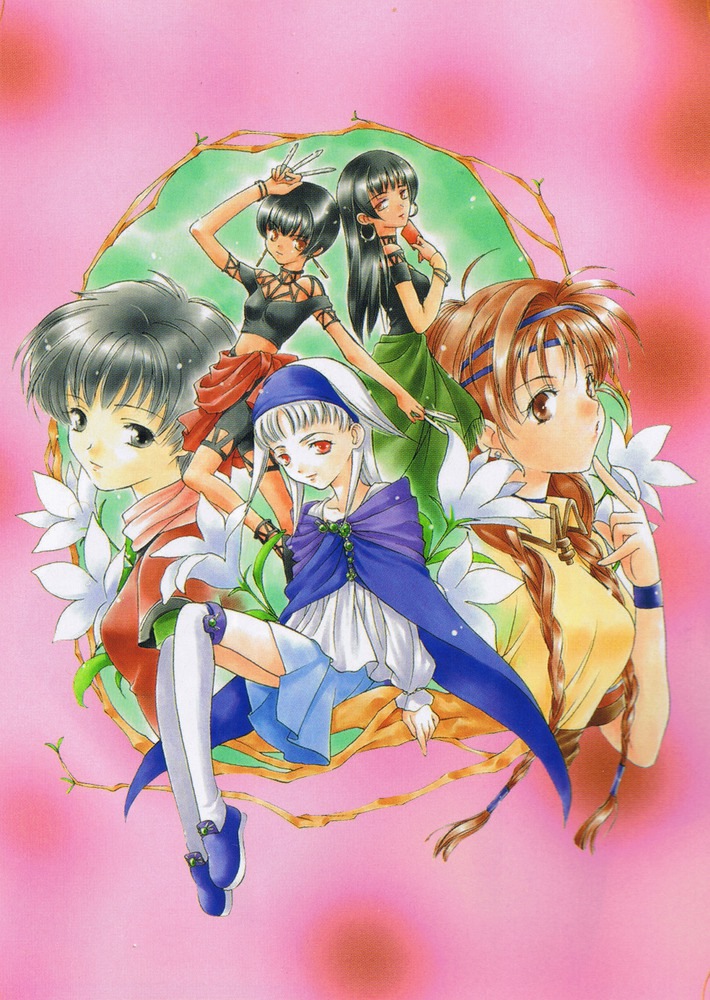 5girls, albino, black_eyes, black_hair, braid, brown_eyes, brown_hair, card