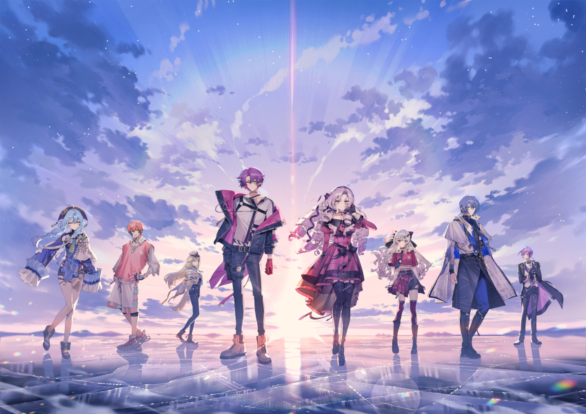 4boys, 4girls, akagi_wen, akagi_wen_(1st_costume), ankle_boots, black_coat, black_gloves, black_hair