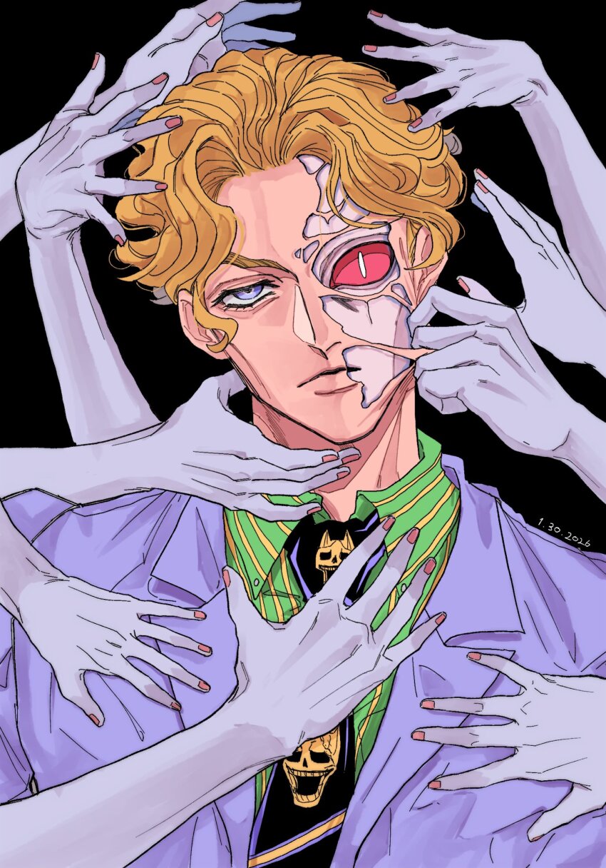 1boy, 99g_q, black_background, black_necktie, blonde_hair, blue_eyes, cheekbones, colored_sclera