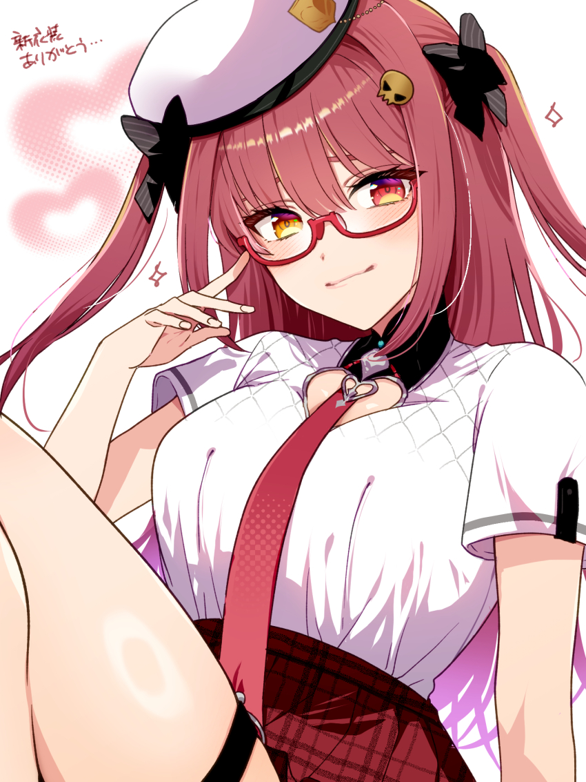 1girl, above-cleavage_cutout, adjusting_eyewear, anko_udachi, arm_at_side, beret, black_bow, bow