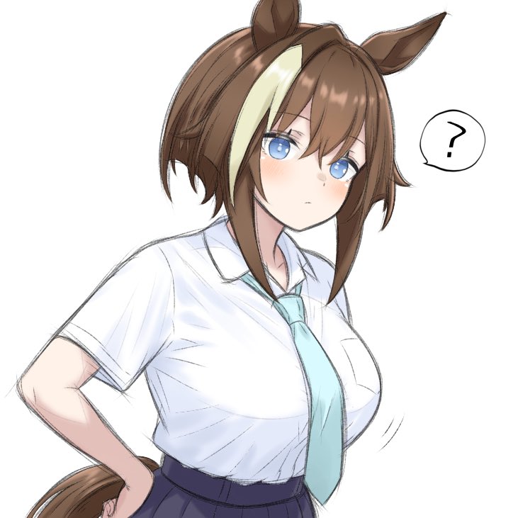 1girl, ?, alternate_costume, animal_ears, black_skirt, blue_eyes, blue_necktie, blush