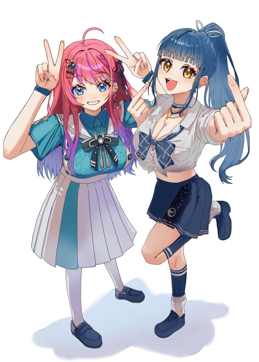 2girls, :d, ahoge, arms_up, black_bow, black_bowtie, blue_bow, blue_bowtie, blue_eyes, blue_hair, blue_shirt, blue_shoes, blue_skirt, blue_socks, blush, bow, bowtie, braid, breasts, cleavage, collared_shirt, commentary_request, cosplay, costume_switch, doidamon, double_finger_heart, double_v, finger_heart, gradient_hair, grid_print, grin, gyaru, hair_ornament, hair_ribbon, hands_up, highres, jewelry, kogal, kuramochi_meruto, kuramochi_meruto_(cosplay), kuramochi_meruto_(school_uniform), large_breasts, loafers, long_hair, long_sidelocks, looking_at_viewer, medium_skirt, midriff, miniskirt, multicolored_hair, multiple_girls, multiple_necklaces, necklace, nijisanji, open_mouth, pantyhose, pink_hair, pleated_skirt, ponytail, print_bow, print_bowtie, purple_hair, ribbon, sailor_collar, school_uniform, shadow, shirt, shoes, short_sleeves, sidelocks, simple_background, skirt, smile, socks, standing, streaked_hair, tied_shirt, v, very_long_hair, virtual_youtuber, white_background, white_pantyhose, white_ribbon, white_sailor_collar, white_shirt, white_skirt, white_socks, wristband, yamagami_karuta, yamagami_karuta_(6th_costume), yamagami_karuta_(cosplay), yellow_eyes