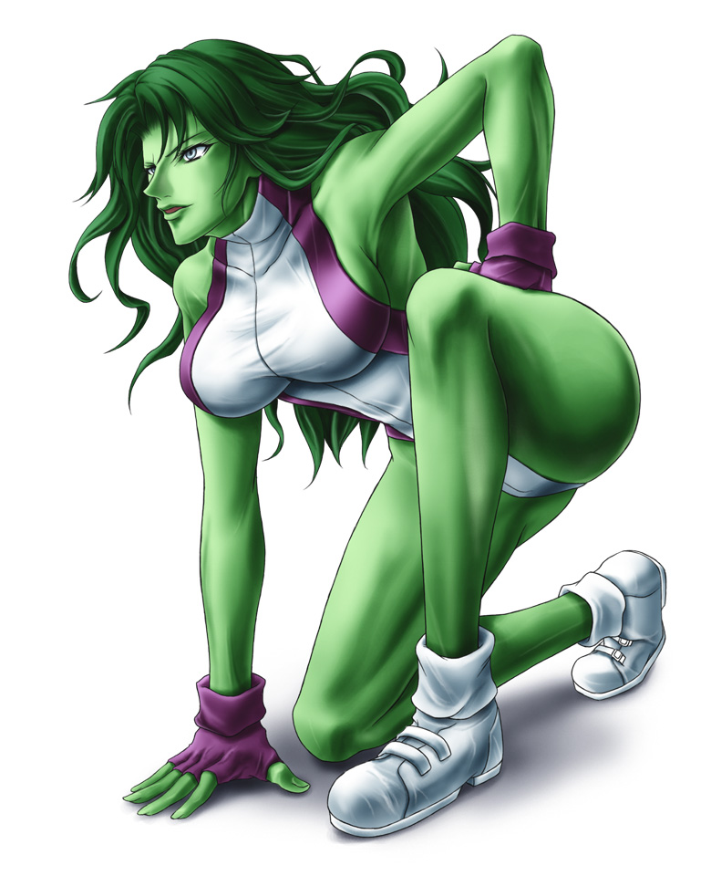 1girl, breasts, capcom, cleavage, colored_skin, female_focus, fingerless_gloves, gloves, green_eyes, green_hair, green_skin, hand_on_thigh, jennifer_walters, large_breasts, leotard, long_hair, loose_socks, marvel, marvel_vs._capcom, matching_hair/eyes, nose, on_one_knee, she-hulk, shimusu, shirt, shoes, sideboob, sneakers, socks, solo, taut_clothes, taut_shirt