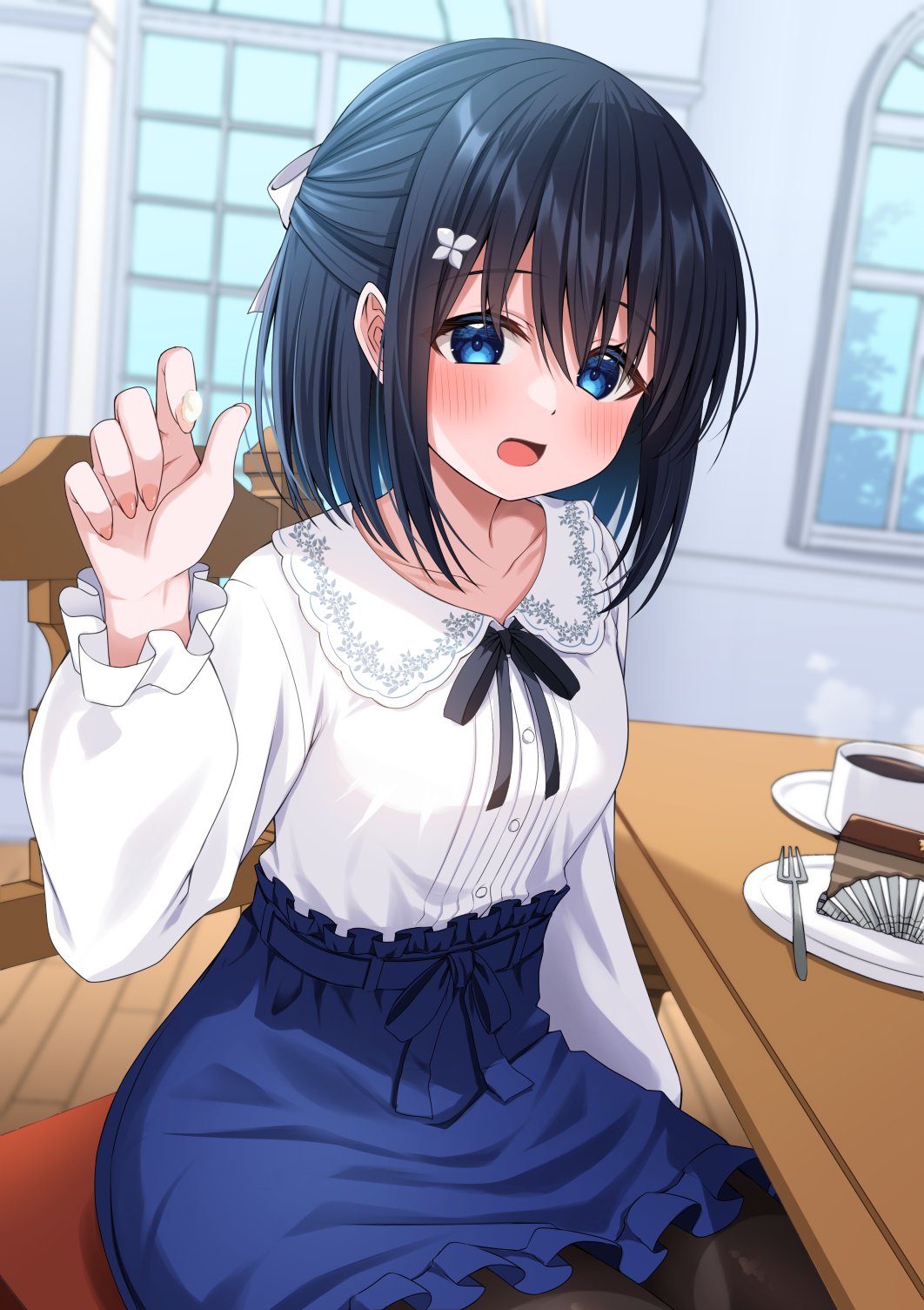 1girl, :d, black_bow, black_hair, black_pantyhose, blue_eyes, blue_skirt, blush