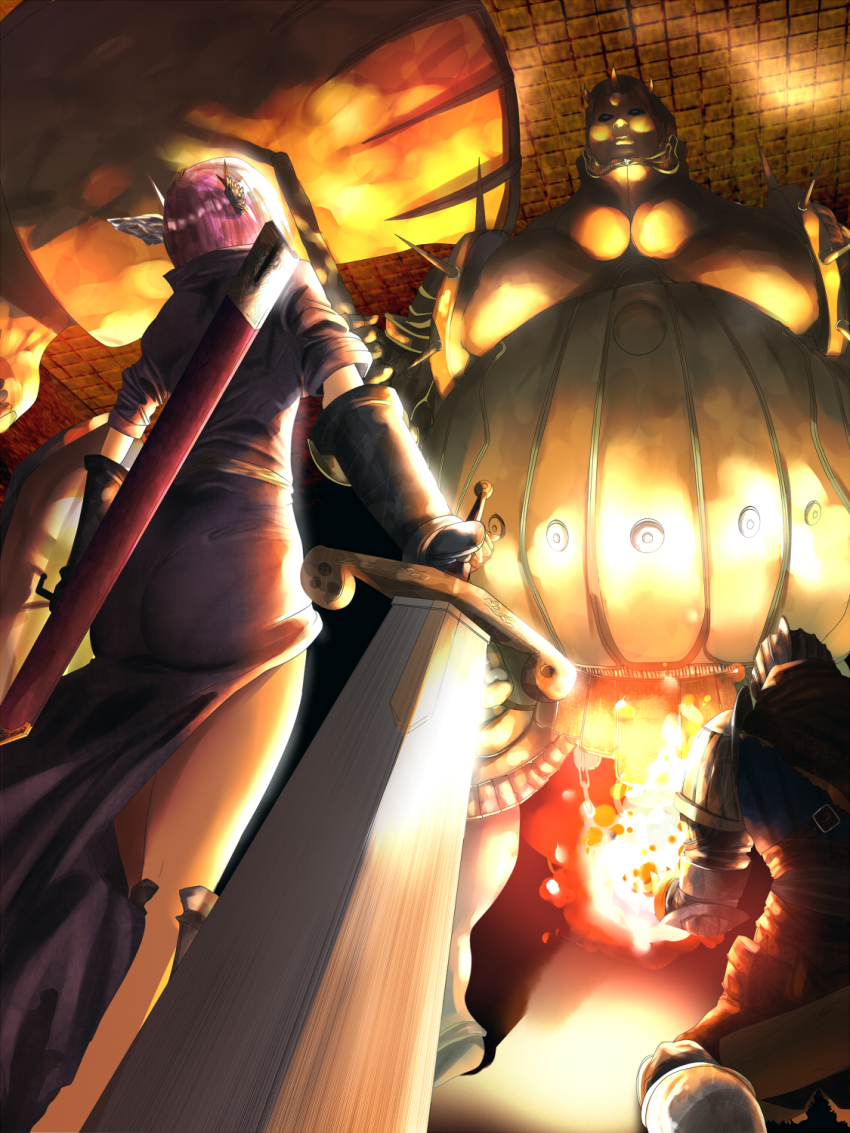 1girl, armor, ass, chosen_undead, dark_souls_(series), dark_souls_i, executioner_smough, fire