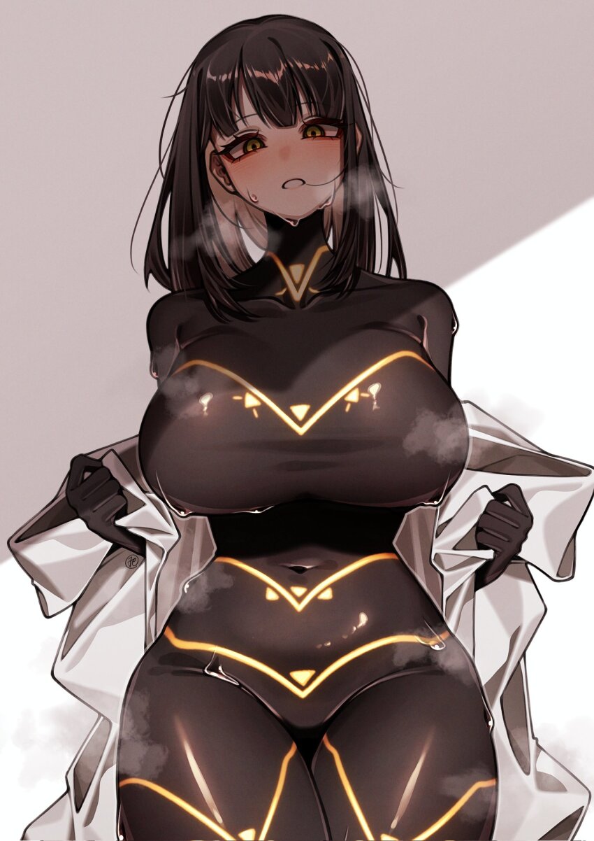 1girl, black_bodysuit, black_hair, bodysuit, breasts, breath, cesara_(project_moon), coat, hashtag-only_commentary, highres, huge_breasts, lab_coat, limbus_company, long_hair, open_clothes, open_coat, parted_lips, project_moon, solo, steam, steaming_body, suillus, sweater, white_coat, yellow_eyes