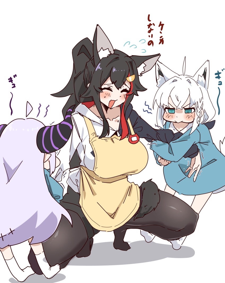 3girls, :d, absurdres, aged_down, ahoge, animal_ear_fluff, animal_ears, apron