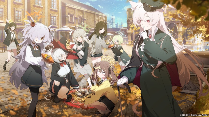 6+girls, akira_(blue_archive), akira_(miria)_(blue_archive), animal_ear_fluff, animal_ears, black_dress, black_pantyhose, black_socks