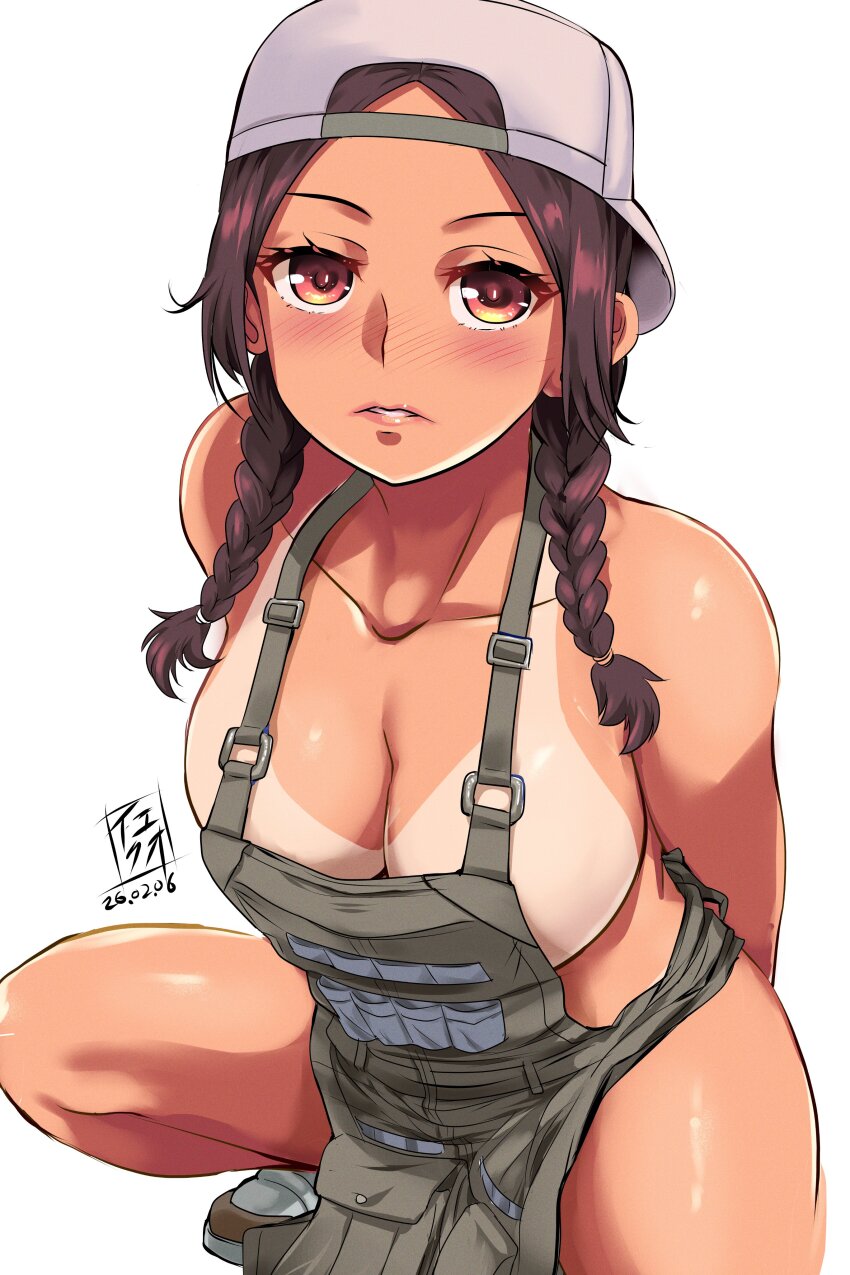 absurdres, backwards_hat, braid, breasts, brown_eyes, brown_hair, cleavage, commentary_request, gundam, gundam:_hathaway's_flash, hat, highres, julia_suga, large_breasts, looking_at_viewer, parted_lips, squatting, tan, twin_braids, white_background, yequo_(trample_rigger)
