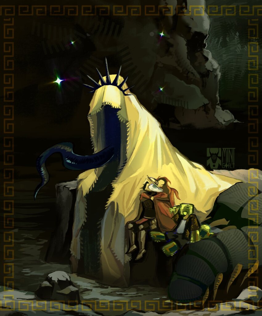 1boy, 2others, ambiguous_gender, armor, averythemayo, border, bug, cape, centipede, cloud, cloudy_sky, creature, crown, d3rlord3, galea_helmet, hawaiian_shirt, highres, knight, mint_g0at, monster_boy, multiple_others, ornate_border, red_cape, searching_for_a_world_that_doesn't_exist, shirt, sitting, size_difference, sky, slime_boy, tentacles, the_king_in_yellow_(searching_for_a_world_that_doesn't_exist), white_shirt, yellow_cloak