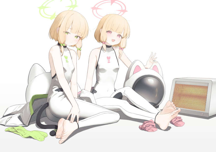 2girls, :3, absurdres, animal_ear_helmet, animal_ears_helmet, animal_helmet, bare_shoulders, barefoot, blonde_hair, blue_archive, bodysuit, bow, cat_helmet, cat_tail, commentary, covered_navel, feet, full_body, green_eyes, green_halo, green_socks, halo, heater, helmet, highres, jacket, kabanoki, looking_at_viewer, midori_(armed)_(blue_archive), midori_(blue_archive), momoi_(armed)_(blue_archive), momoi_(blue_archive), multiple_girls, official_alternate_costume, open_mouth, pink_halo, pink_socks, red_eyes, short_hair, siblings, simple_background, sisters, sleeveless, sleeveless_bodysuit, socks, soles, tail, toes, twins, unworn_headwear, unworn_helmet, unworn_jacket, unworn_socks, white_background, white_bodysuit