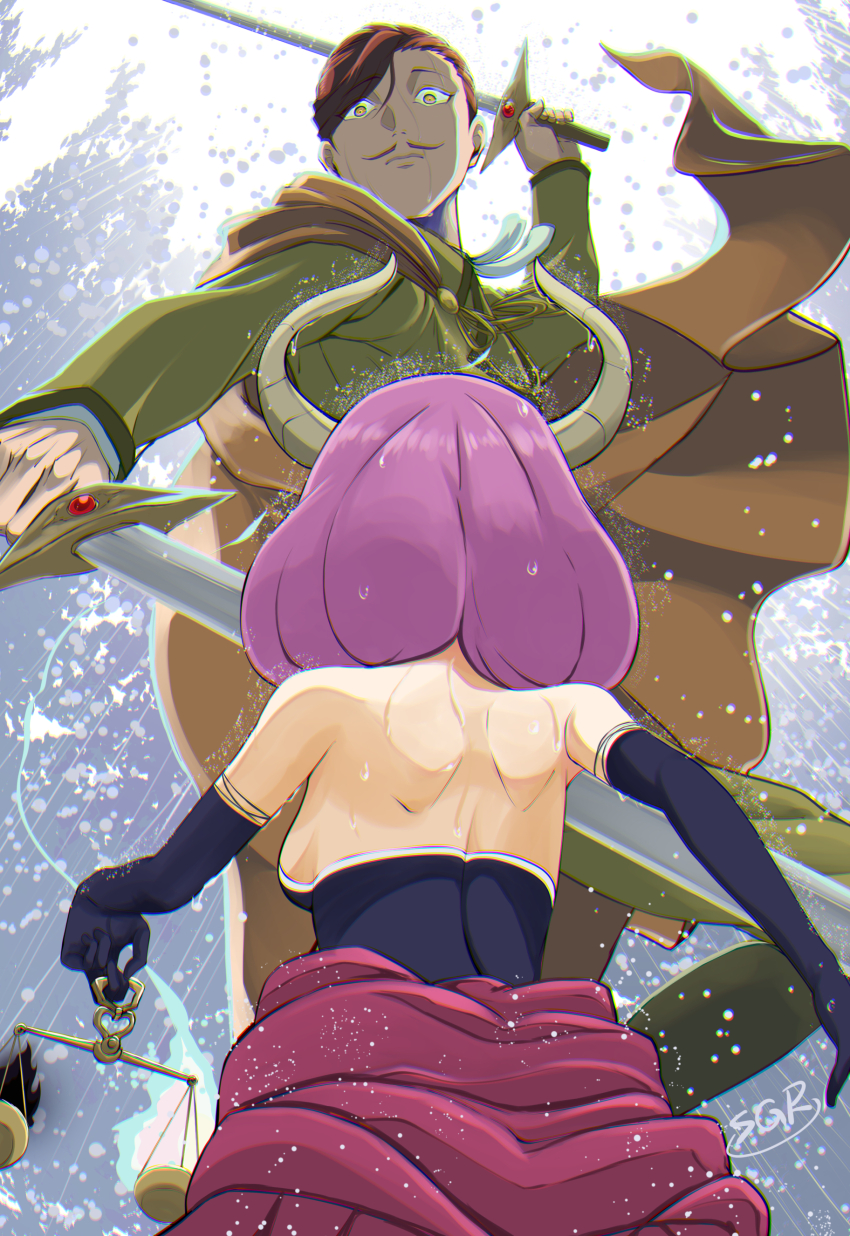 1boy, 1girl, absurdres, aura_(sousou_no_frieren), balance_scale, bare_shoulders, battle, breasts, brown_hair, cloak, commentary_request, demon_girl, demon_horns, elbow_gloves, facial_hair, gloves, hero_of_the_south_(sousou_no_frieren), highres, holding, holding_scale, holding_sword, holding_weapon, horns, long_sleeves, looking_at_another, mustache, nervous_sweating, purple_hair, que415, sideboob, signature, snowing, sousou_no_frieren, sweat, sword, twin_blades, weapon, weighing_scale