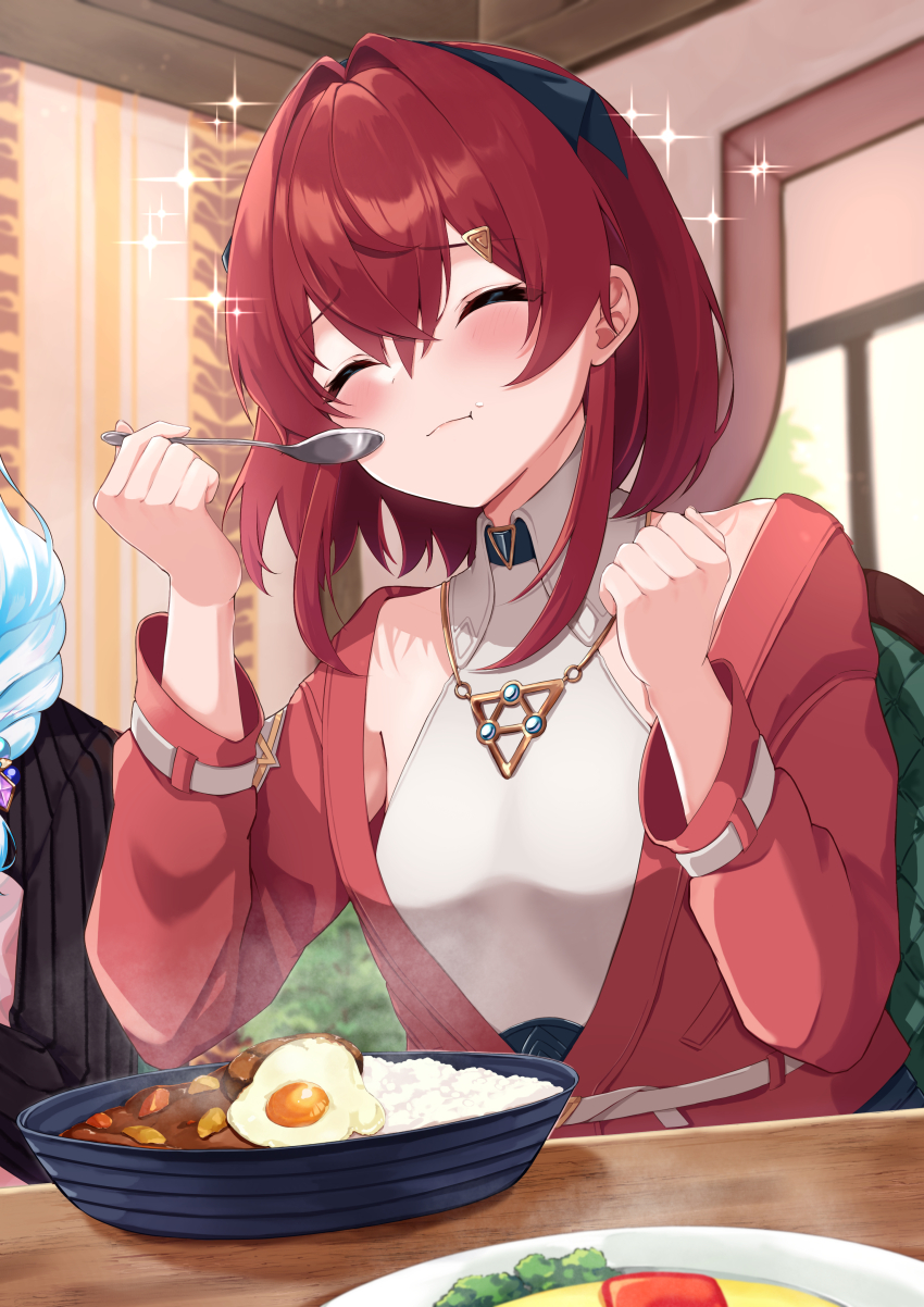 2girls, :t, ^_^, absurdres, ange_katrina, ange_katrina_(summer_casual), baby_mn9, belt