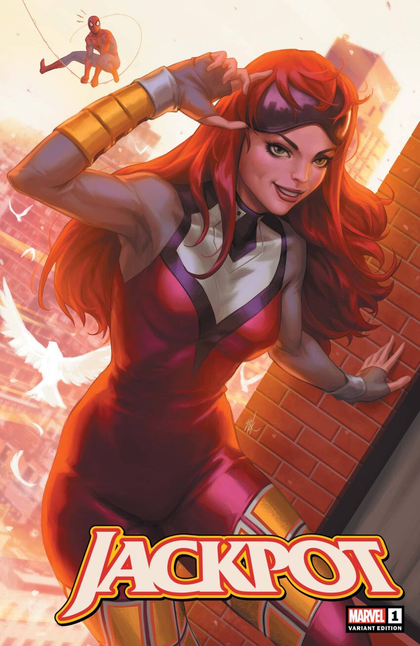 1boy, 1girl, absurdres, adjusting_eyewear, against_wall, bird, blue_bodysuit, blurry, blurry_background, bodysuit, building, character_name, city, comic_cover, commentary, cover, cover_page, ejikure, english_commentary, fingerless_gloves, floating_hair, freckles, gloves, green_eyes, grey_gloves, grin, highres, jackpot_(marvel), logo, long_hair, looking_at_viewer, marvel, mary_jane_watson, multicolored_bodysuit, official_art, pink_bodysuit, purple-tinted_eyewear, red_bodysuit, red_hair, silk, smile, solo_focus, spider-man, spider-man_(original_suit), spider-man_(series), spider-sense_(spider-man), superhero_costume, surprised, swinging_on_rope, tinted_eyewear, white_bodysuit