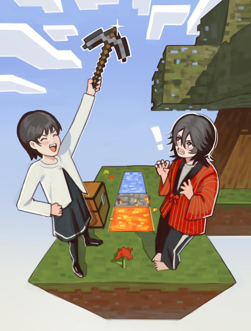 !, 2girls, absurdres, barefoot, black_socks, block_(minecraft), blue_sky, chest_(furniture), choppy_bangs, closed_eyes, cloud, cobblestone, curled_fingers, dandelion, day, dirt, double-parted_bangs, dress, feet, flower, fujino_(look_back), glint, gradient_sky, grass, hand_on_own_hip, hanten_(clothes), happy, highres, holding, holding_pickaxe, jacket, kyomoto_(look_back), laughing, lava, layered_clothes, long_sleeves, look_back, minecraft, minecraft_(style), mole, mole_under_mouth, multiple_girls, open_mouth, pants, pickaxe, pigeon-toed, red_jacket, rose, shadow, shirt, shoes, single_tear, sky, skyblock, socks, striped_clothes, striped_jacket, striped_pants, surprised, tree, vertical-striped_clothes, vertical-striped_jacket, vertical-striped_pants, water, white_shirt, xyanaid