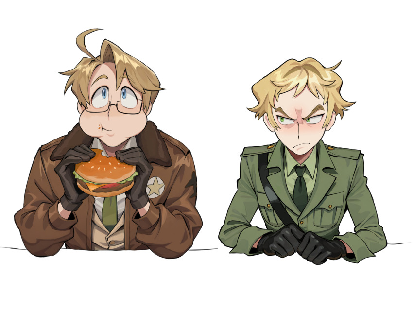 2boys, absurdres, america_(hetalia), angry, axis_powers_hetalia, blonde_hair, blue_eyes, burger