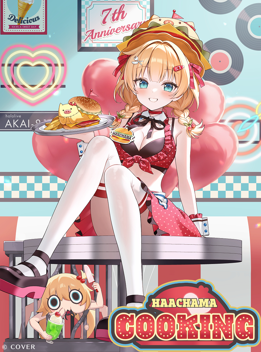 1girl, :d, akai_haato, akai_haato_(waitress), apron, aqua_eyes, bikini, bikini_top_only