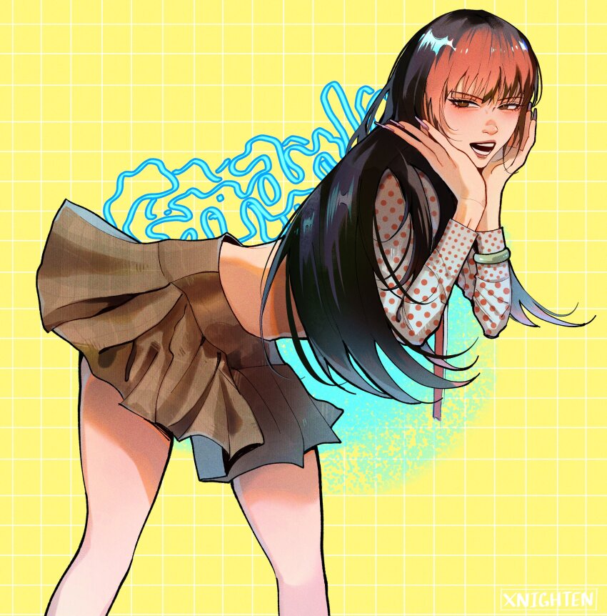 1girl, absurdres, artist_name, black_hair, brown_skirt, colored_bangs, commentary, crop_top