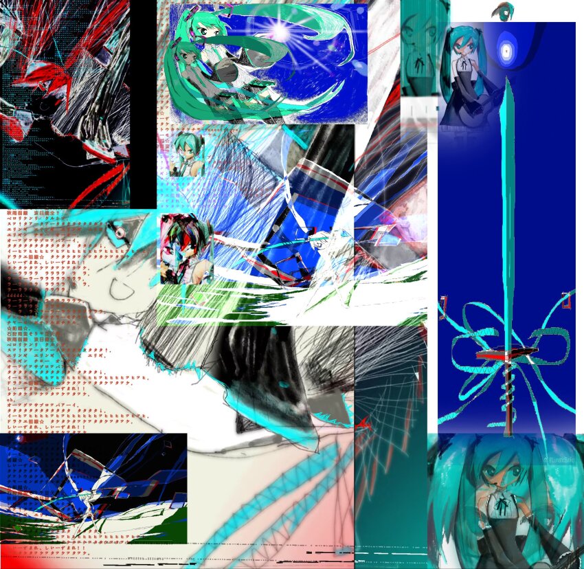 1girl, abstract, armpits, arms_up, black_dress, black_gloves, black_skirt, black_sleeves, black_thighhighs, blue_eyes, blue_hair, blue_necktie, collage, collage_(medium), collared_shirt, detached_sleeves, double_exposure, dress, dutch_angle, elbow_gloves, fabit609, full_body, gloves, guitar, hatsune_miku, highres, holding, holding_guitar, holding_instrument, holding_weapon, instrument, long_hair, lyrics, microphone, miniskirt, multiple_views, necktie, negative, number_tattoo, open_mouth, oversized_object, pointing, shirt, sideways_glance, skirt, sleeveless, sleeveless_shirt, standing, sword, tattoo, thighhighs, twintails, two-tone_dress, vocaloid, weapon, white_dress, white_shirt, wide_sleeves