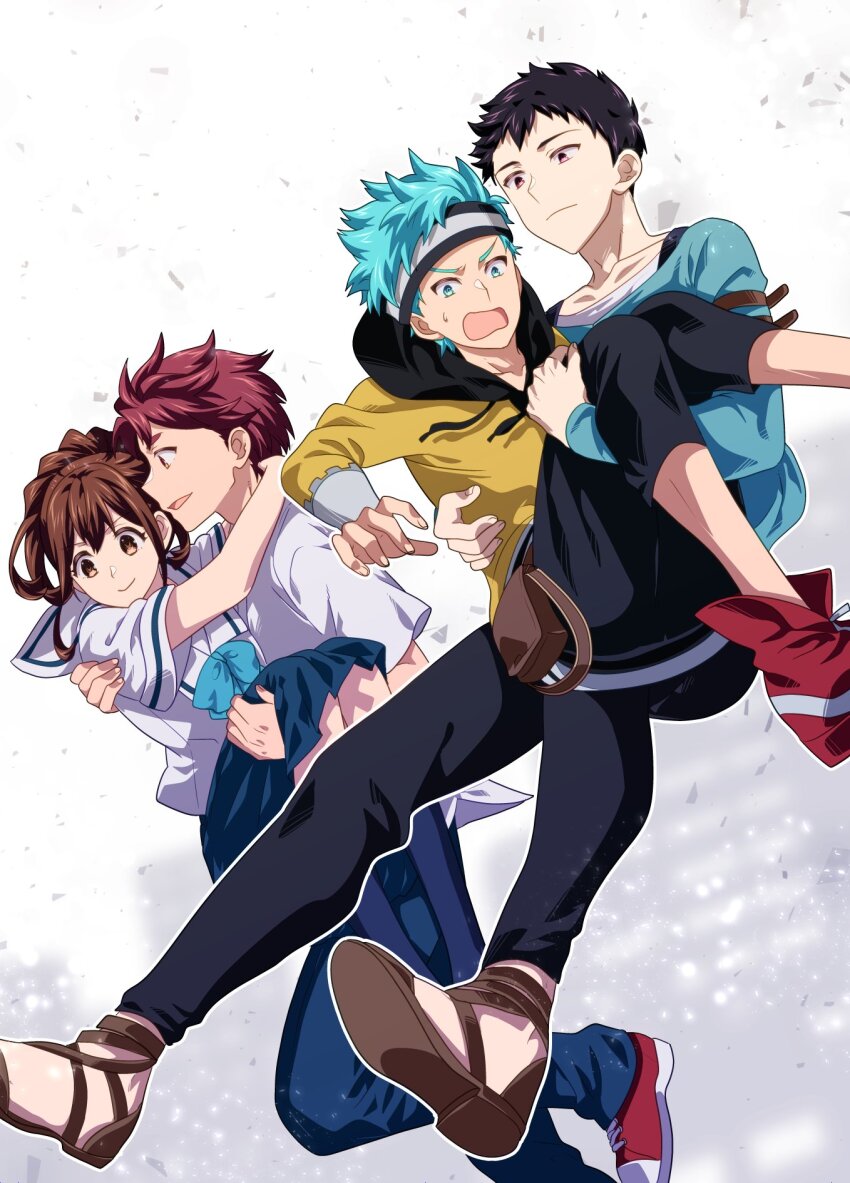 1girl, 2boys, anonymous;code, black_hair, blue_hair, brown_eyes, brown_hair, carrying