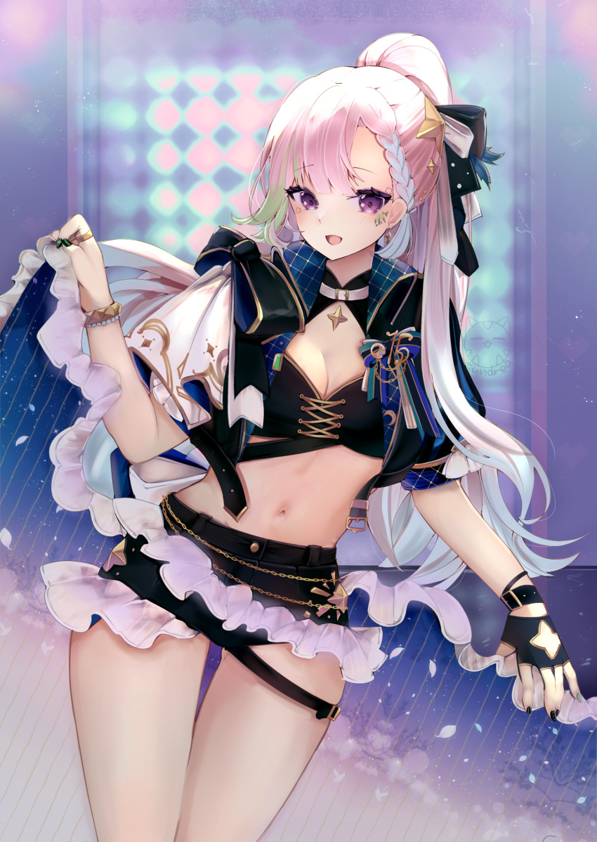 1girl, absurdres, airani_iofifteen, airani_iofifteen_(work), black_gloves, black_nails, black_shirt, black_skirt, breasts, cleavage, cropped_shirt, fingerless_gloves, gloves, grey_hair, highres, hololive, hololive_indonesia, long_hair, looking_at_viewer, medium_breasts, nail_polish, official_alternate_costume, ponytail, purple_eyes, shirt, single_glove, skirt, solo, tundrea, virtual_youtuber