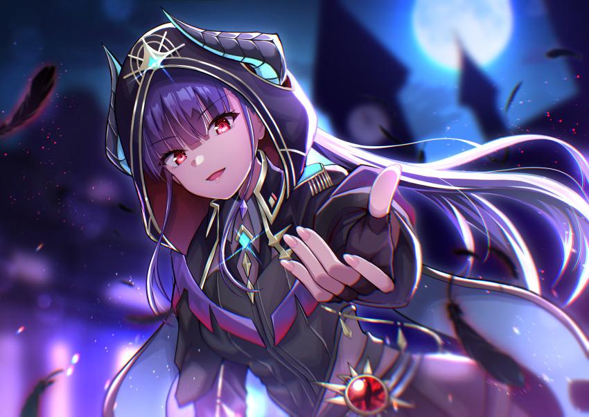 1girl, :d, absurdres, backlighting, black_dress, black_feathers, black_gloves, black_horns