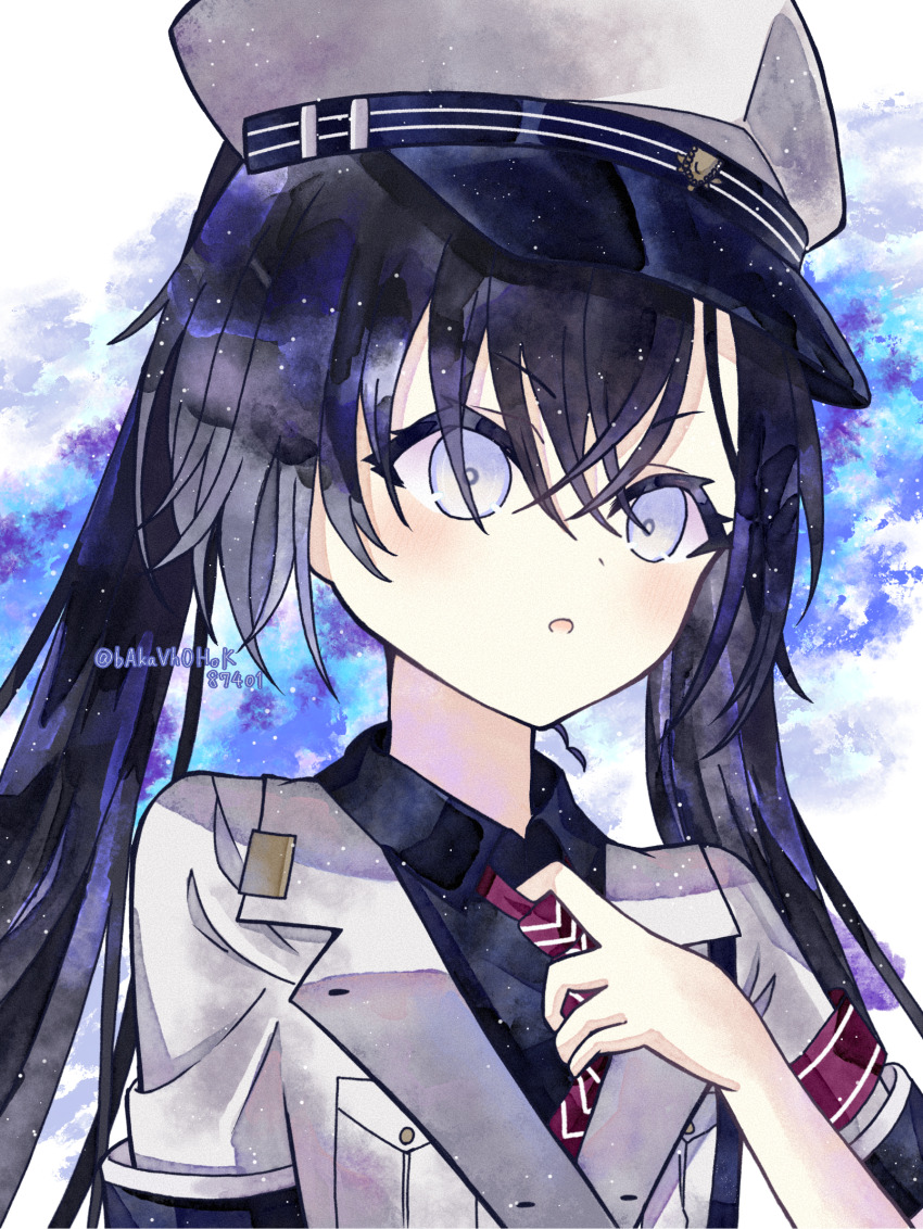 1girl, armband, black_hair, black_shirt, collared_shirt, commentary_request, grey_eyes, hat