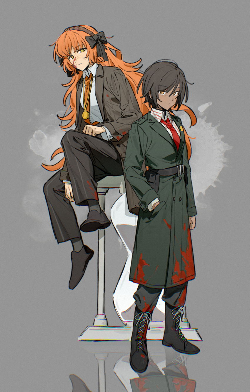 2girls, absurdres, black_boots, black_bow, boots, bow, brown_hair, brown_jacket