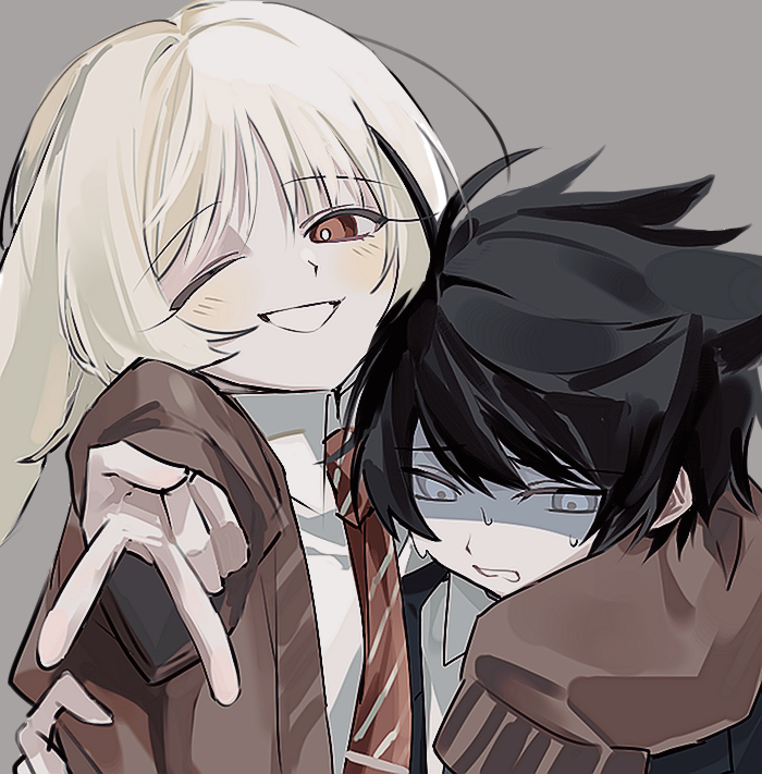 2boys, ;), akinashi_haru, animal_ears, arm_around_neck, blue_eyes, brown_cardigan, cardigan