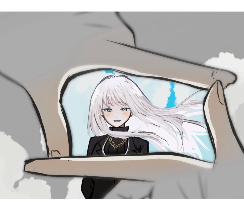 1girl, 1other, angelica_(project_moon), arms_behind_back, black_jacket, black_sweater, finger_frame, floating_hair