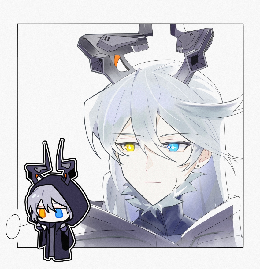 1girl, absurdres, black_coat, black_horns, chibi, chinese_commentary, close-up, closed_mouth