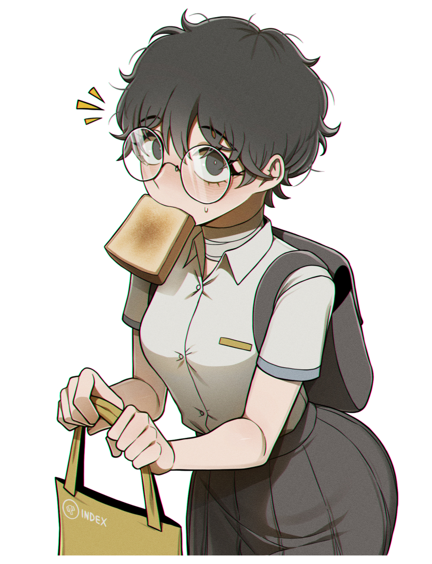 1girl, alternate_universe, backpack, bag, bandage_on_neck, black_bag, black_hair, black_skirt