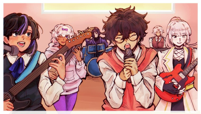 2boys, 4girls, albina_(project_moon), alternate_universe, araya_(project_moon), ascot, band_(music), black_dress