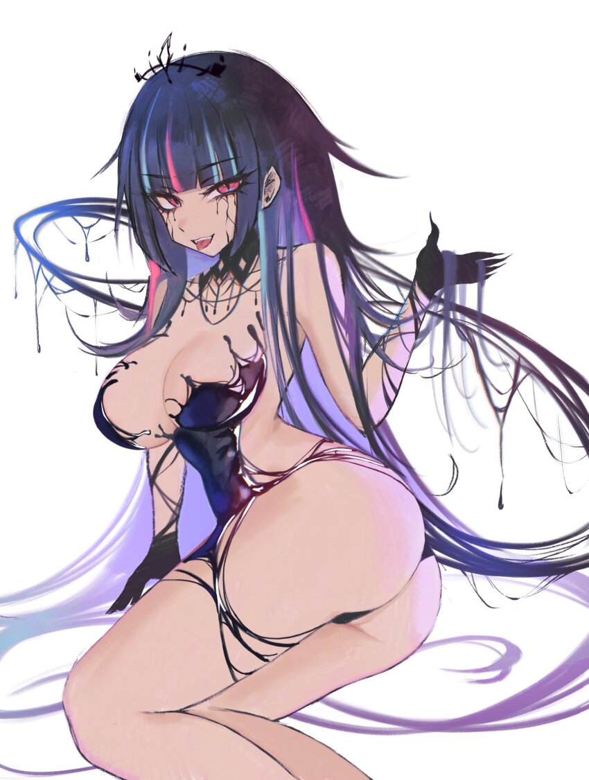 1girl, ass, black_dress, black_gloves, black_hair, black_liquid, blue_eyes, blue_hair