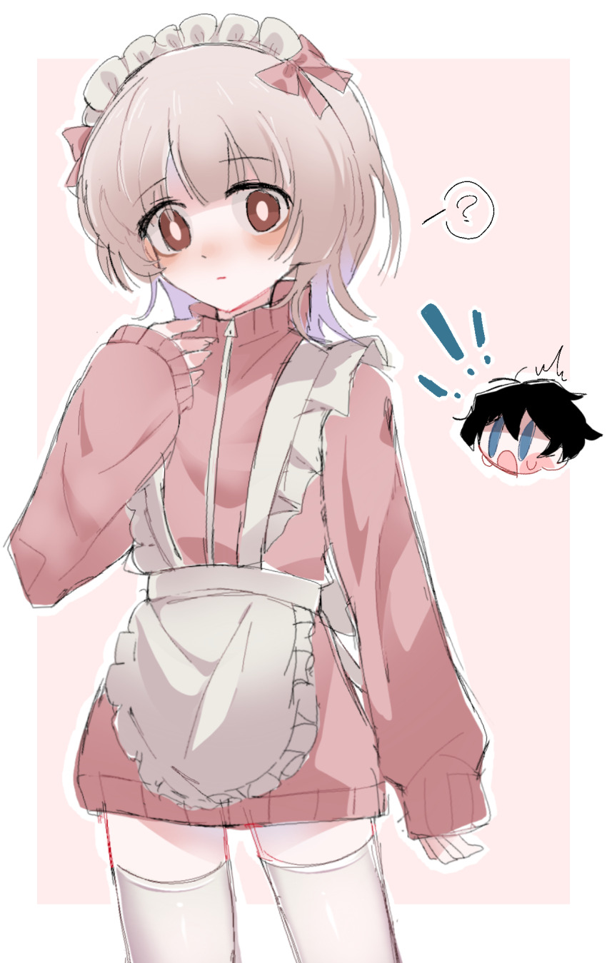 !, !!, 2boys, ?, akinashi_haru, apron, arm_at_side, blush, bow, chinese_commentary, closed_mouth, commentary_request, cowboy_shot, crossdressing, crossdressing_(mtf), drapensweet1102, frilled_apron, frills, hair_bow, highres, jacket, jersey_maid, long_sleeves, looking_at_viewer, maid, maid_apron, maid_headdress, male_maid, multiple_boys, pink_bow, pink_jacket, saihate_eki, short_hair, simple_background, solo_focus, spoken_question_mark, tatsunami_shion, thighhighs, track_jacket, unconventional_maid, white_apron, white_hair, white_thighhighs