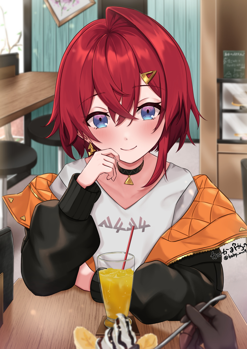 absurdres, ange_katrina, ange_katrina_(casual), arm_rest, artist_name, baby_mn9, black_choker, black_jacket