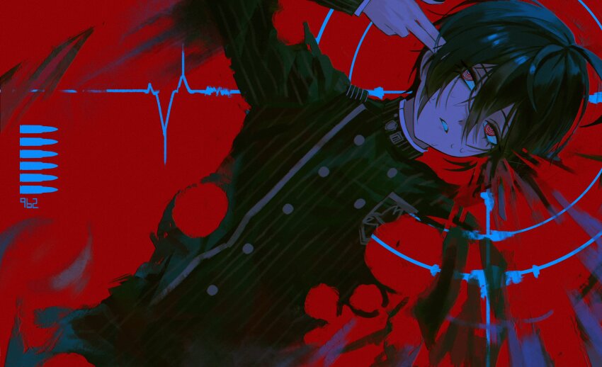1boy, absurdres, arm_up, black_hair, black_jacket, cardiogram, collared_jacket, commentary