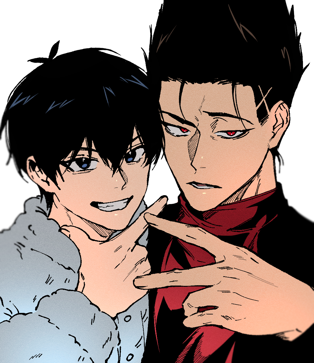 2boys, barou_shouei, black_hair, blue_lock, commentary_request, dodaengchi, grin, hair_between_eyes